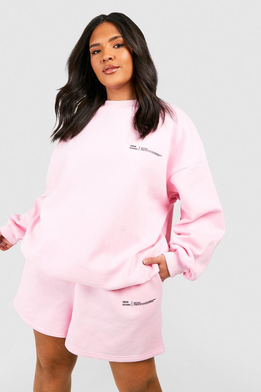 Plus Oversize Sweatshirt mit Text-Print und Shorts, Pink