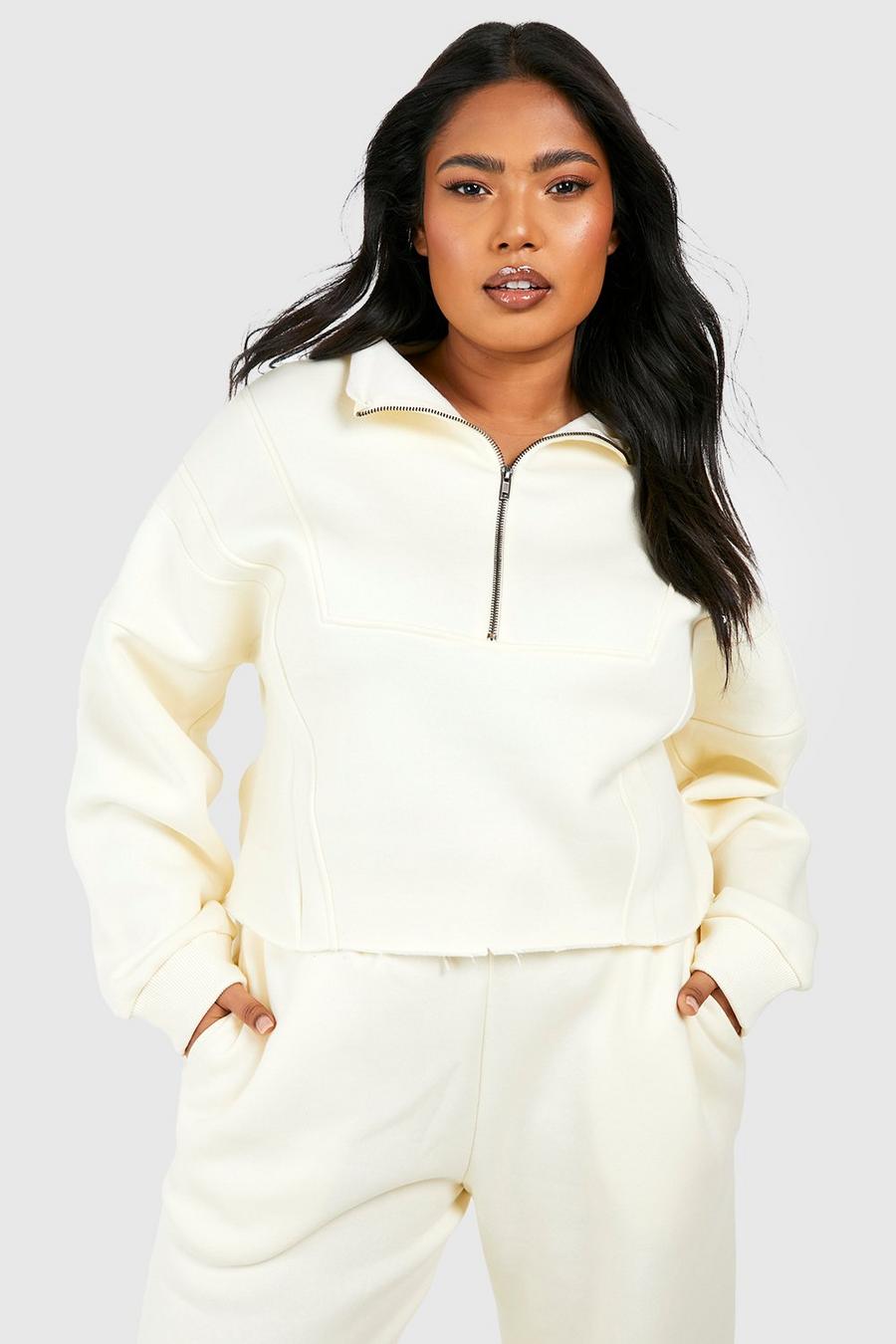 Ecru white Plus Half Zip Seam Detail Sweatshirt