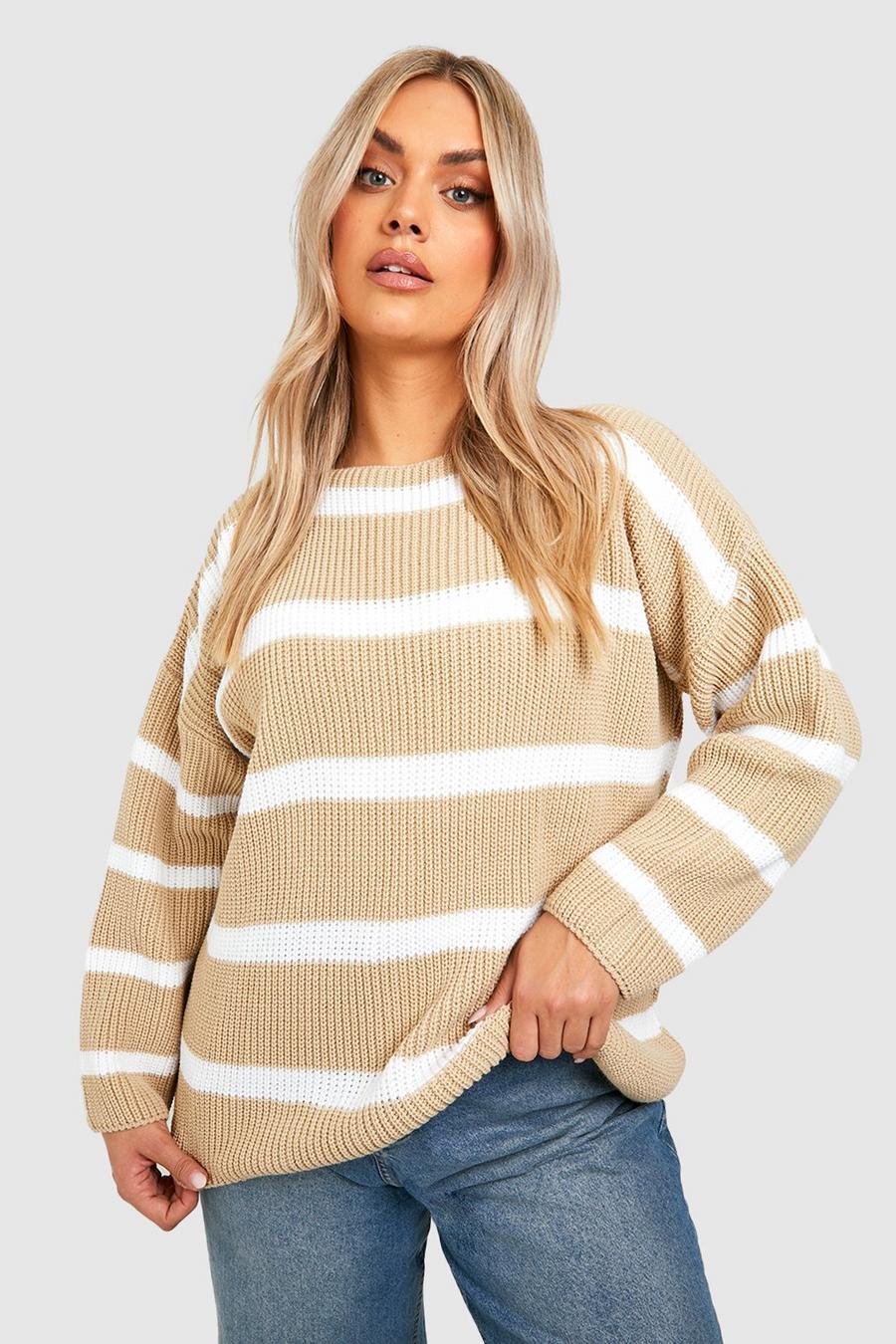 Beige Plus Knitted Striped Crew Neck Jumper image number 1