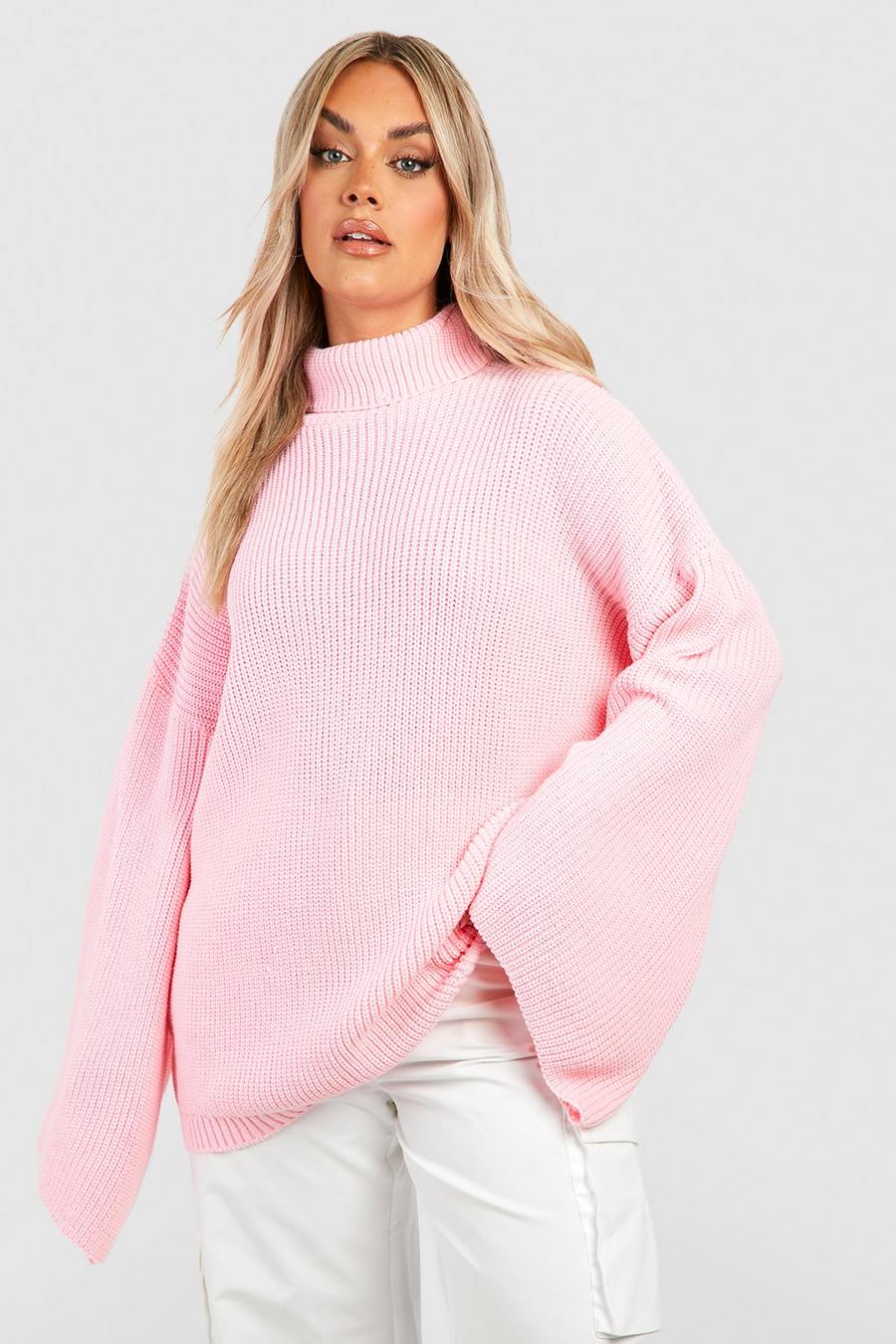 Light pink rosa Plus Knitted Roll Neck Jumper 