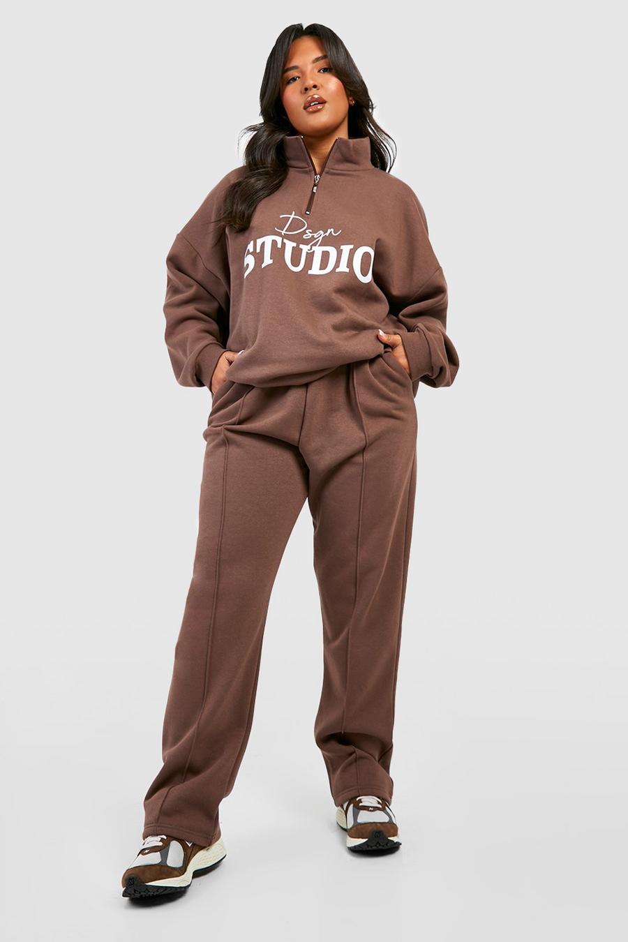 Chocolate brown Plus Pin Tuck Straight Leg Joggers image number 1