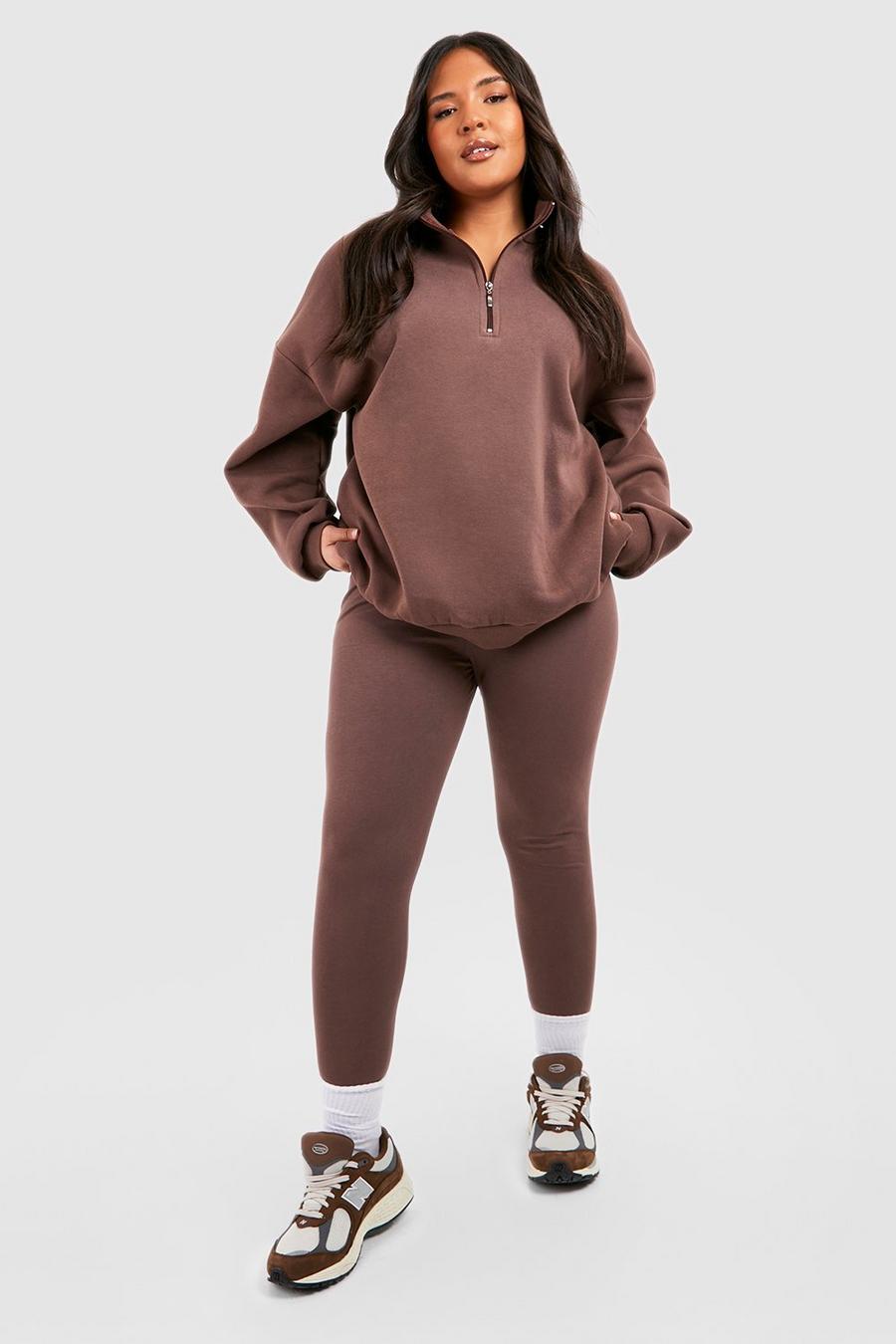 Set felpa Plus Size oversize con zip corta & legging, Chocolate image number 1