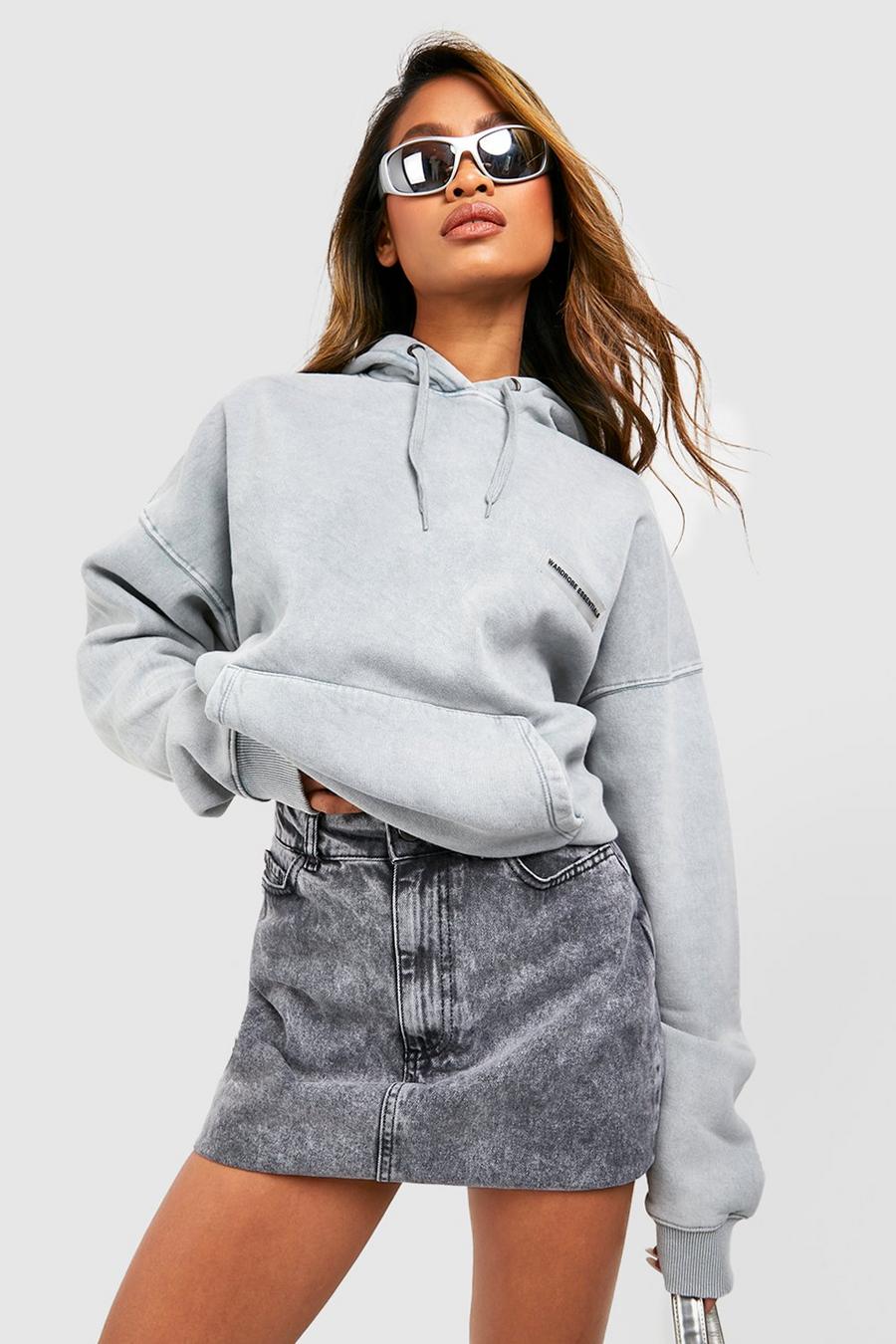 Grey Washed Oversized Label Detail Hoodie 