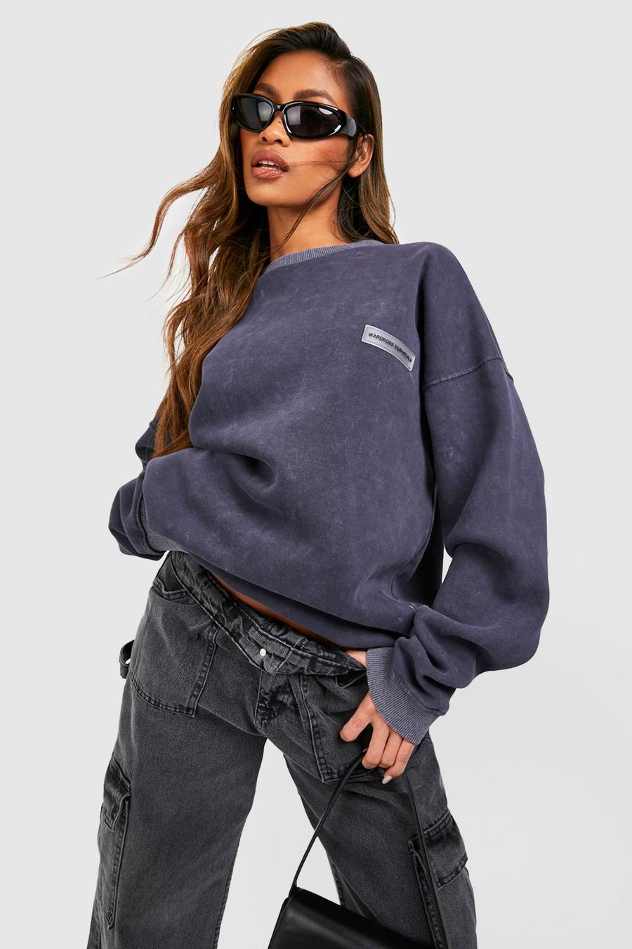 Charcoal Washed Label Detail Oversized Sweater image number 1