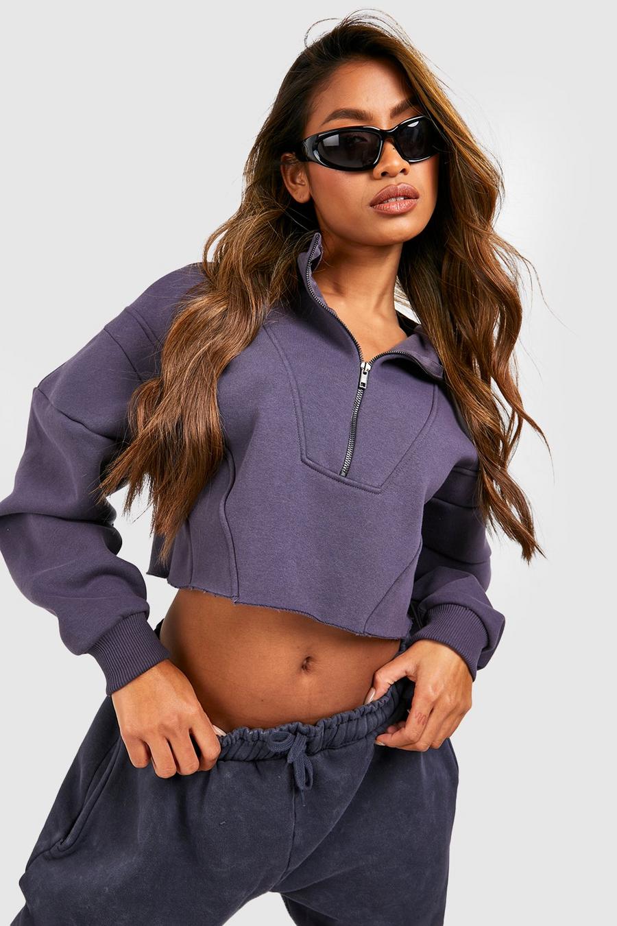 Charcoal Half Zip Seam Detail Cropped Sweater  image number 1