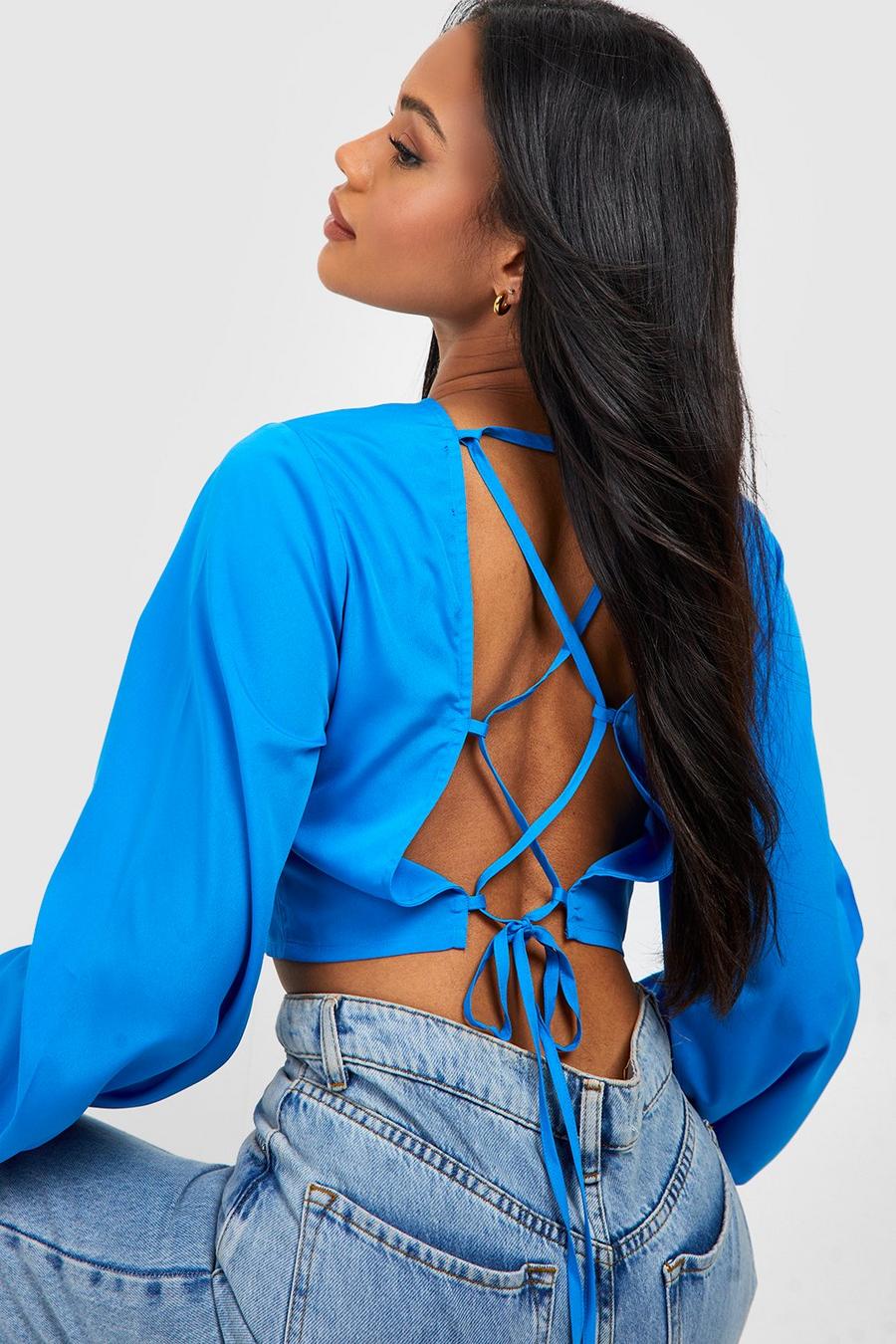 Blue Tie Back Detail Balloon Sleeve Cropped Top image number 1