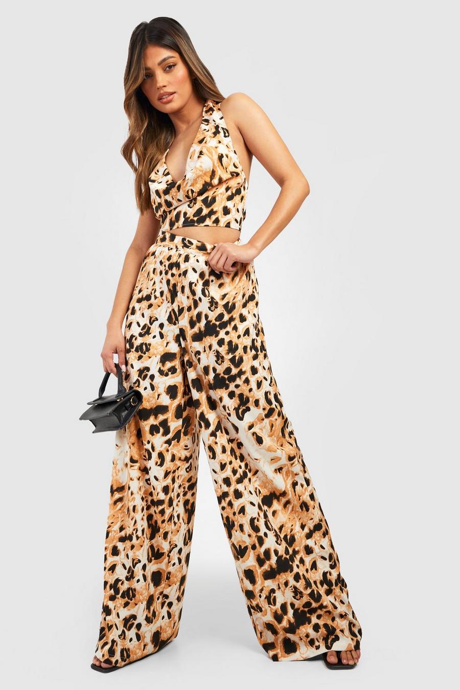 Brown High Waisted Leopard Print Floaty Wide Leg Trousers image number 1