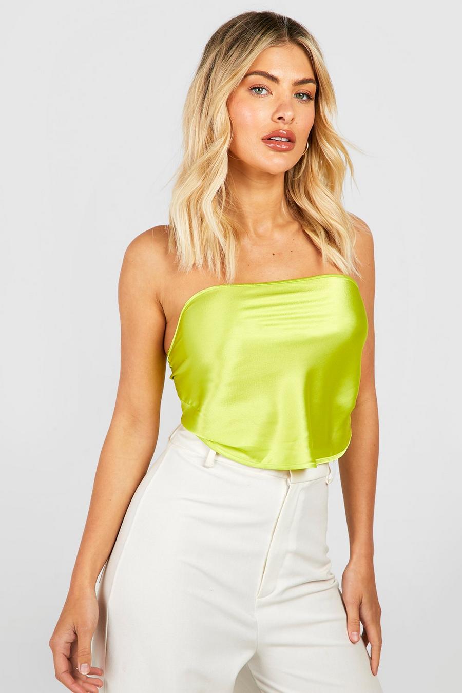 Chartreuse yellow Satin Bandeau Tie Back Detail Top