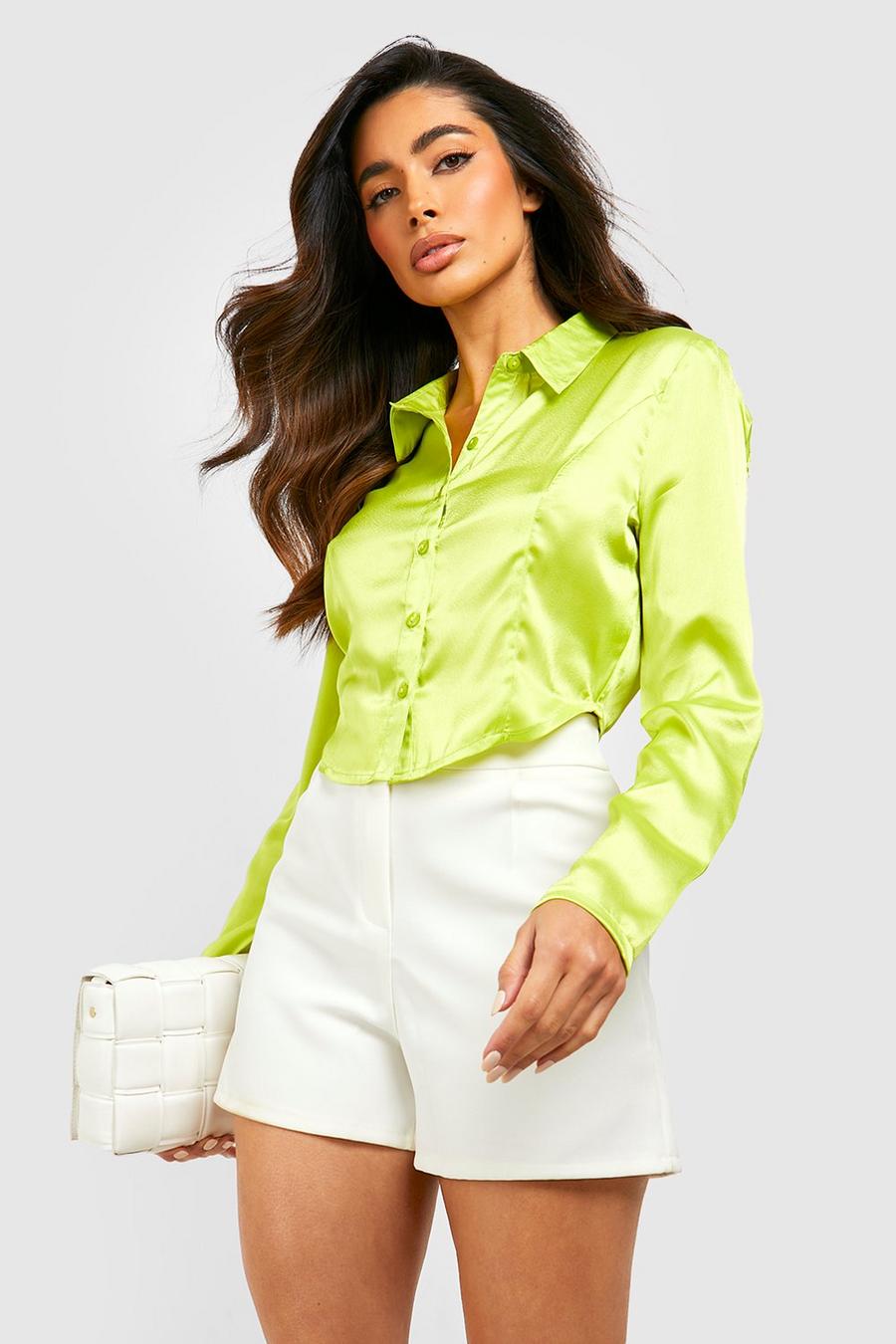 Camisa crop de raso con detalle de costuras, Chartreuse image number 1