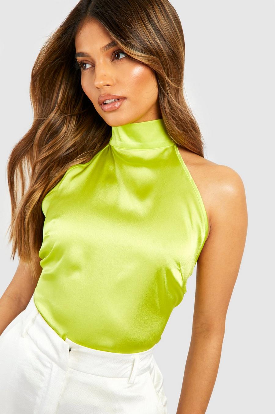 Chartreuse yellow Satin Halter Tie Detail Camisole