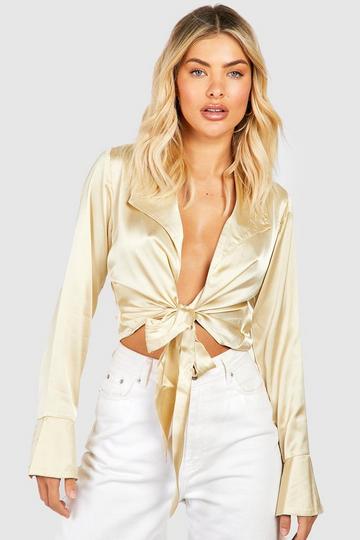 Long Sleeve Satin Tie Front Shirt sand