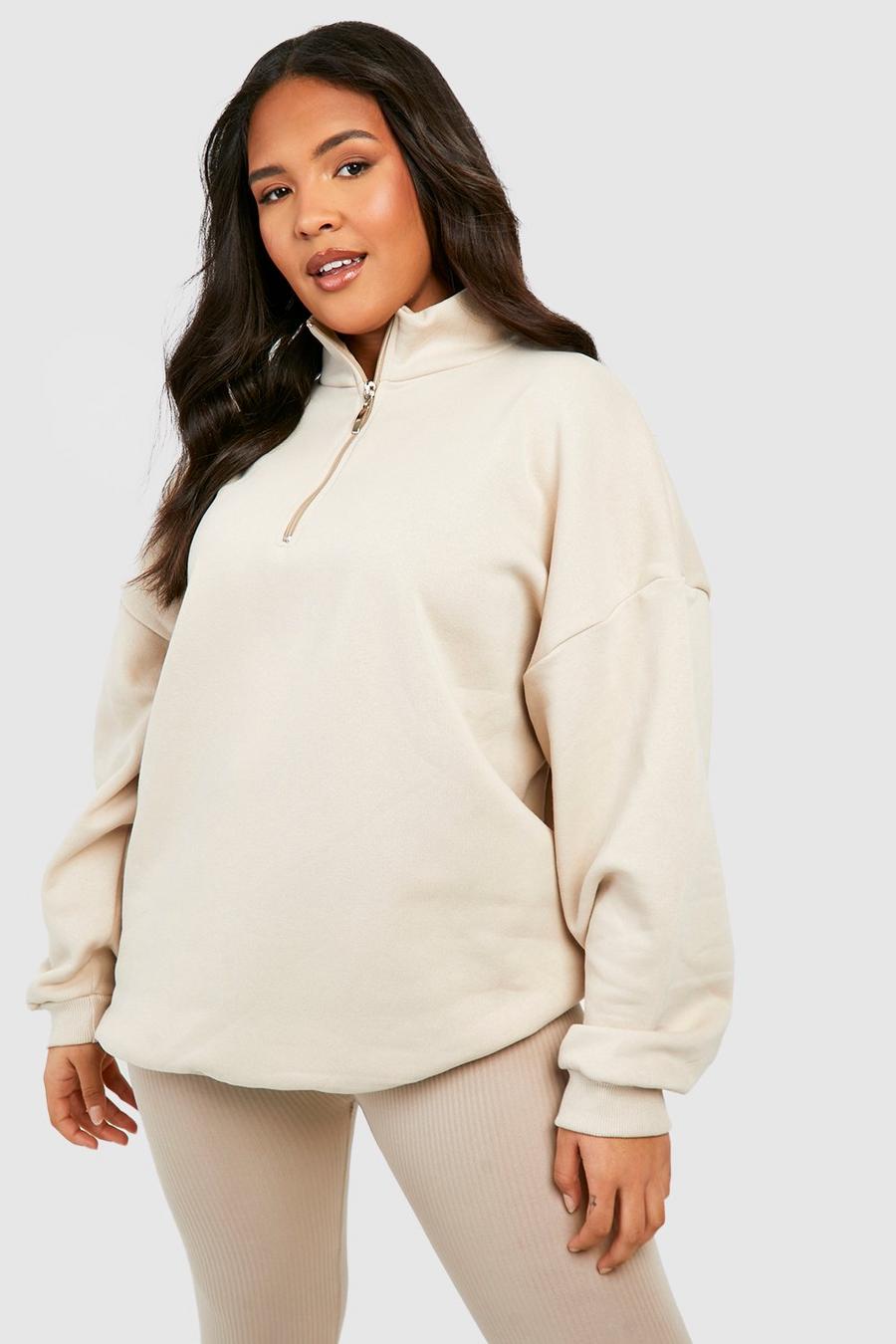 Stone beige Plus Oversized Half Zip Sweatshirt 