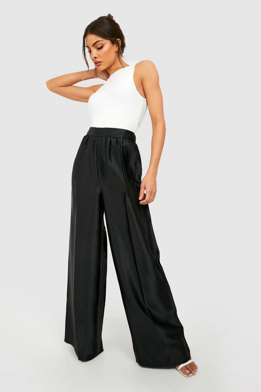 Black High Waisted Floaty Wide Leg Satin Trousers image number 1
