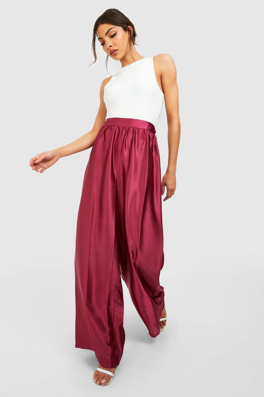 Mauve High Waisted Floaty Wide Leg Satin Trousers image number 1