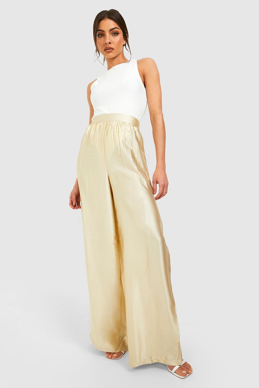 Sand High Waisted Floaty Wide Leg Satin Trousers image number 1