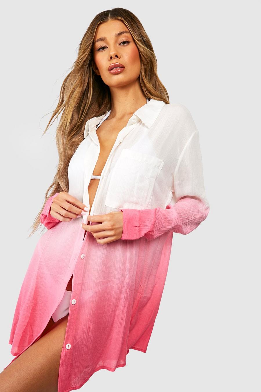Pink Crinkle Ombre Oversized Beach Shirt image number 1