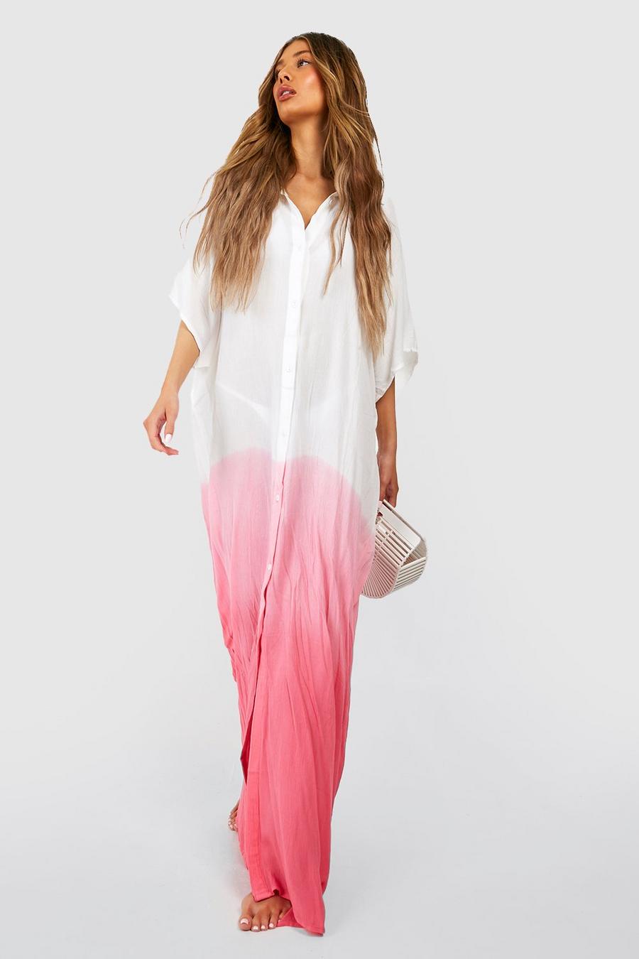 Pink Crinkle Ombre Maxi Cover Up Beach Kimono image number 1