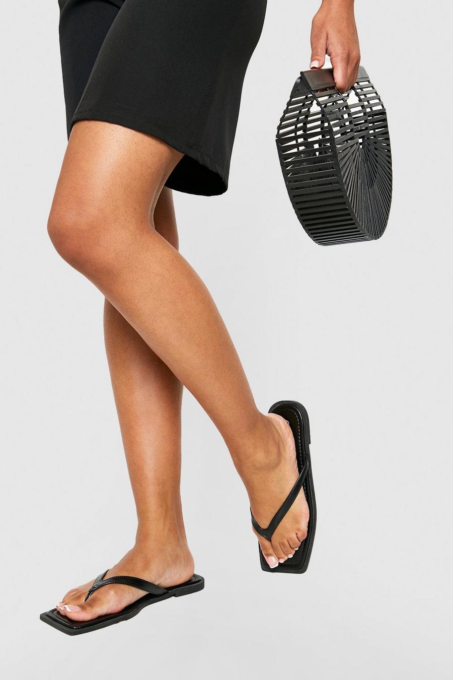 Black Faux Leather Extended Rand Square Toe Flip Flops