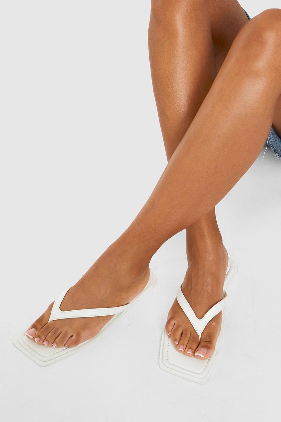 White Faux Leather Extended Rand Square Toe Flip Flops image number 1