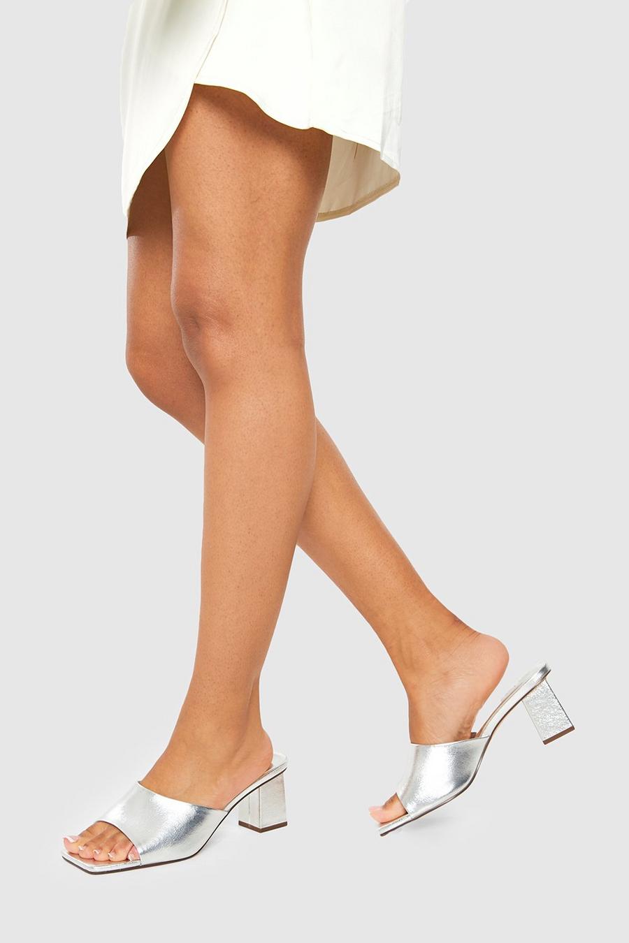 Sandali Mules a calzata ampia metallizzati con tacco basso a blocco, Silver image number 1