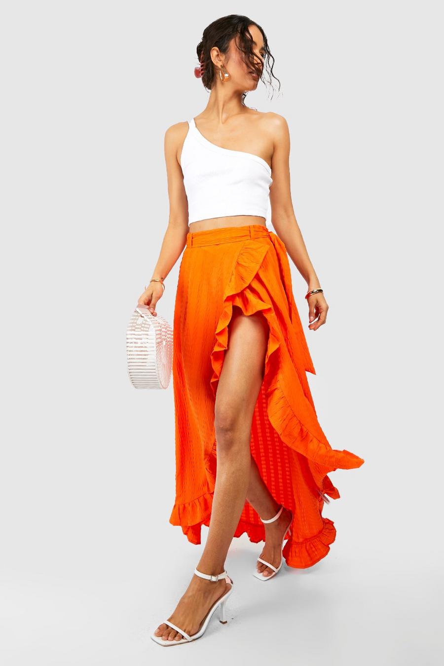 Orange Seersucker Ruffle Wrap Maxi Skirt  image number 1