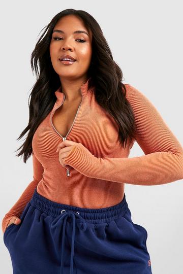 Plus Two Tone High Neck Rib Zip Bodysuit orange