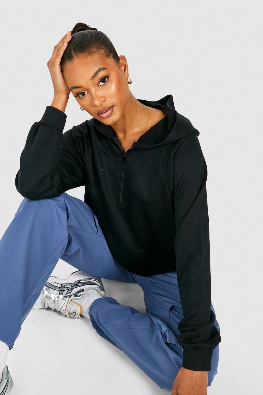 Black svart Tall Half Zip Raglan Hooded Sweatshirt image number 1