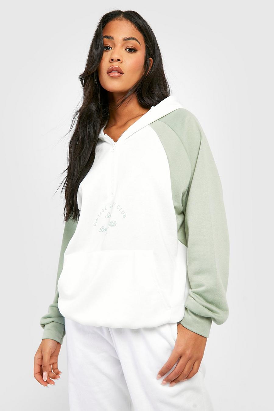 Sage green Tall Sport Club Half Zip Contrast Raglan Hooded Sweatshirt