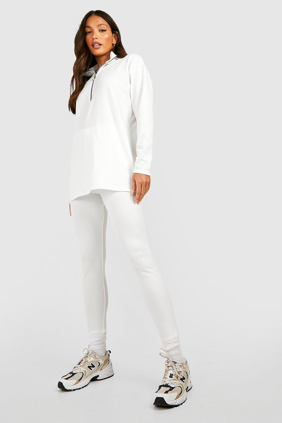 Tall geripptes Sweatshirt mit halbem Reißverschluss & Leggings, Ivory blanc