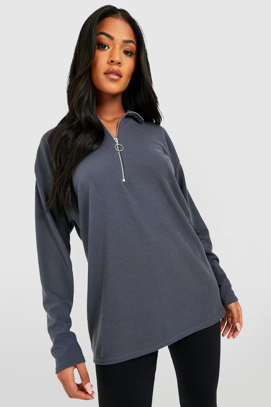 Charcoal Tall Rib Half Zip Oversized Sweatshirt