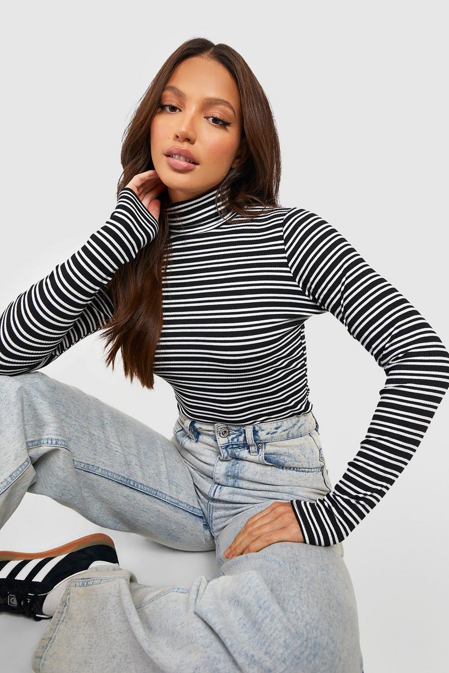 Black Tall Knit Stripe Turtleneck Fitted Longsleeve Top image number 1