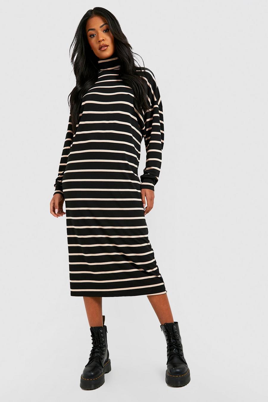 Black Tall Turtleneck Longsleeve Wide Stripe Midi Shift Dress image number 1