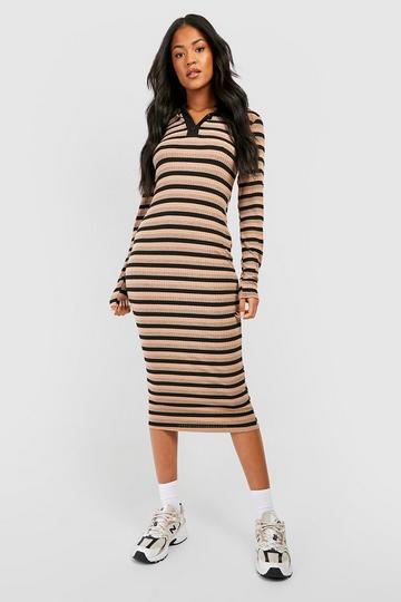 Tall Half Button Stripe Longsleeve Bodycon Midi Dress stone