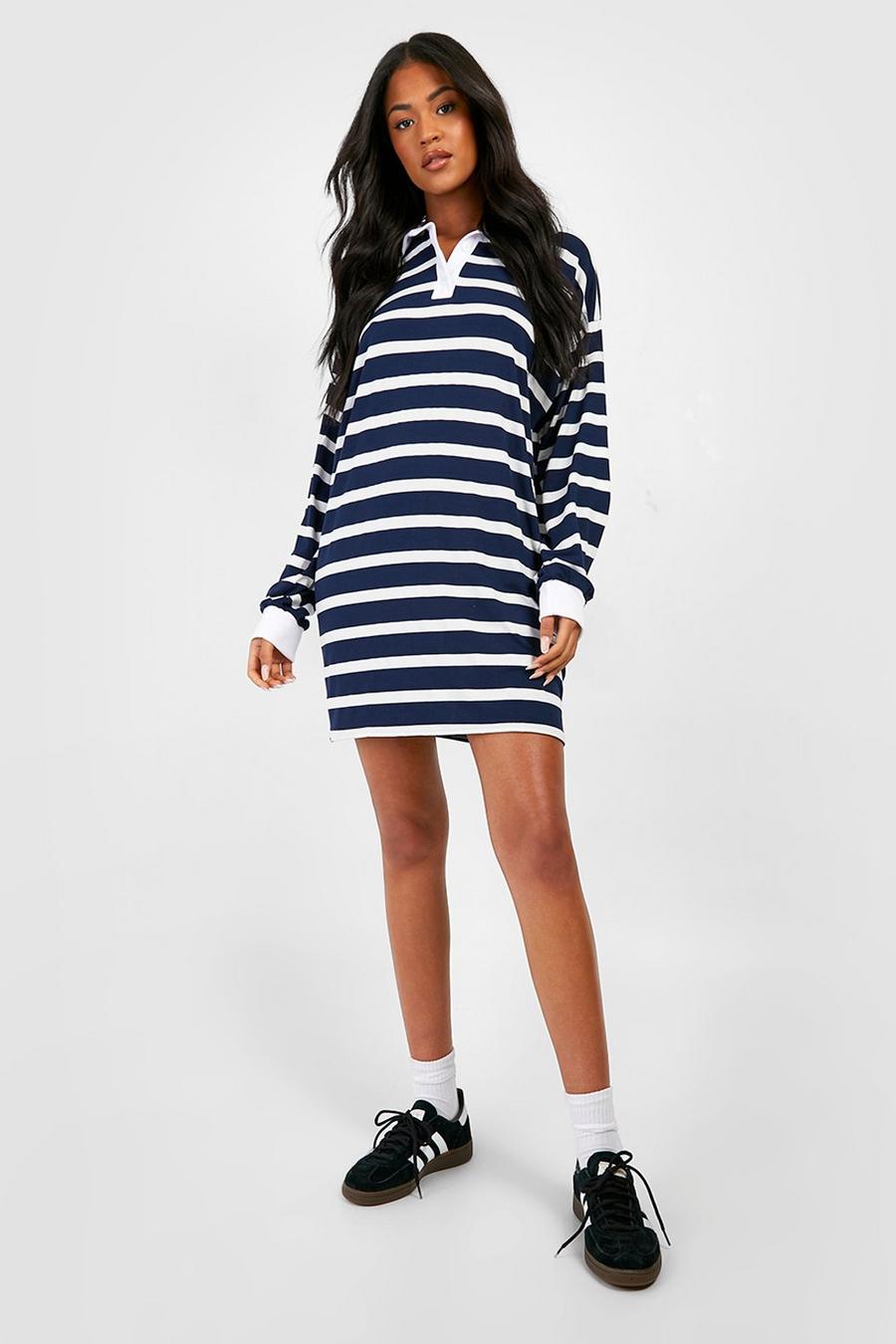 Navy Tall Half Button Stripe Rugby Collar Sweat Dress image number 1
