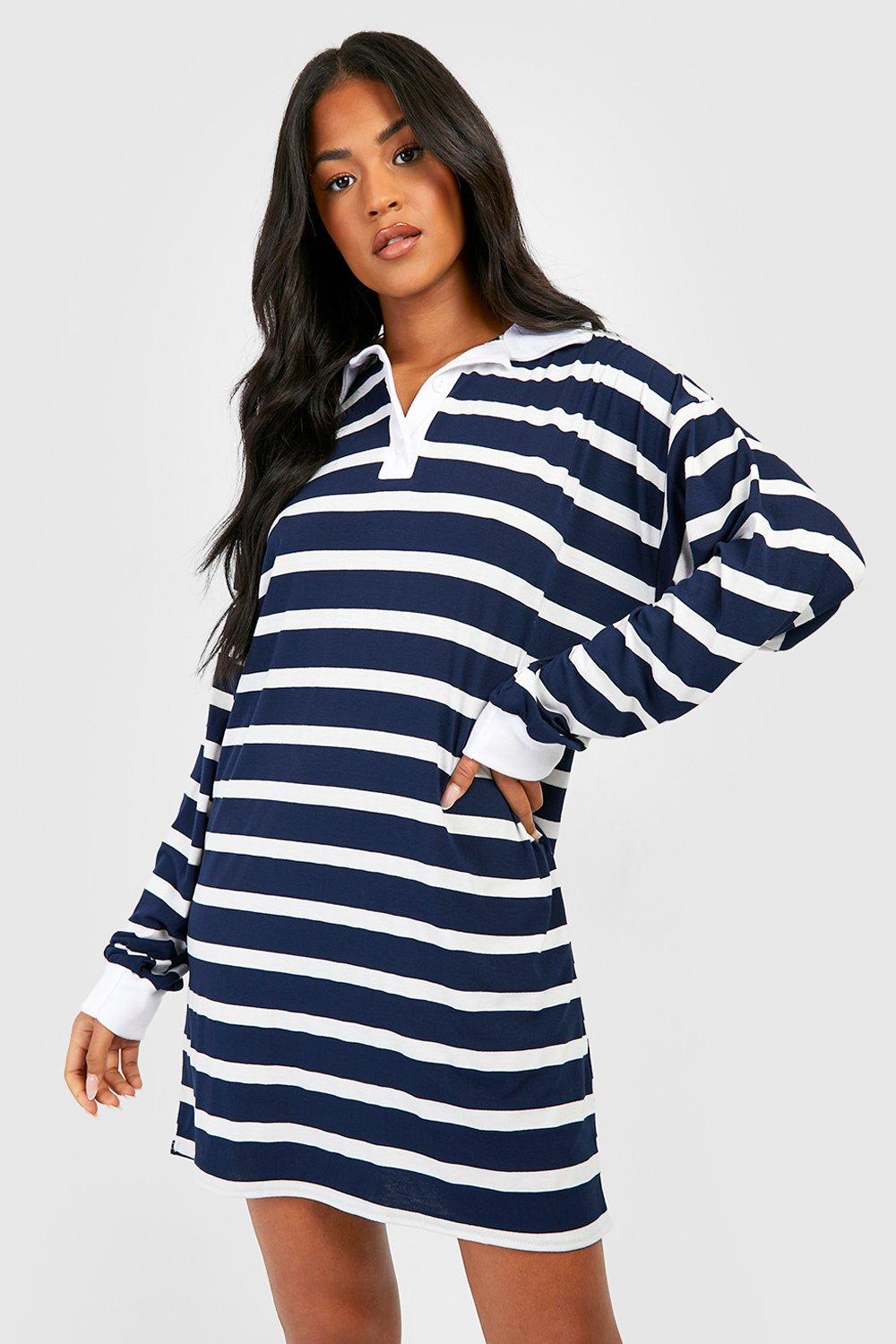 Women s Tall Half Button Stripe Rugby Collar Sweat Dress Boohoo UK