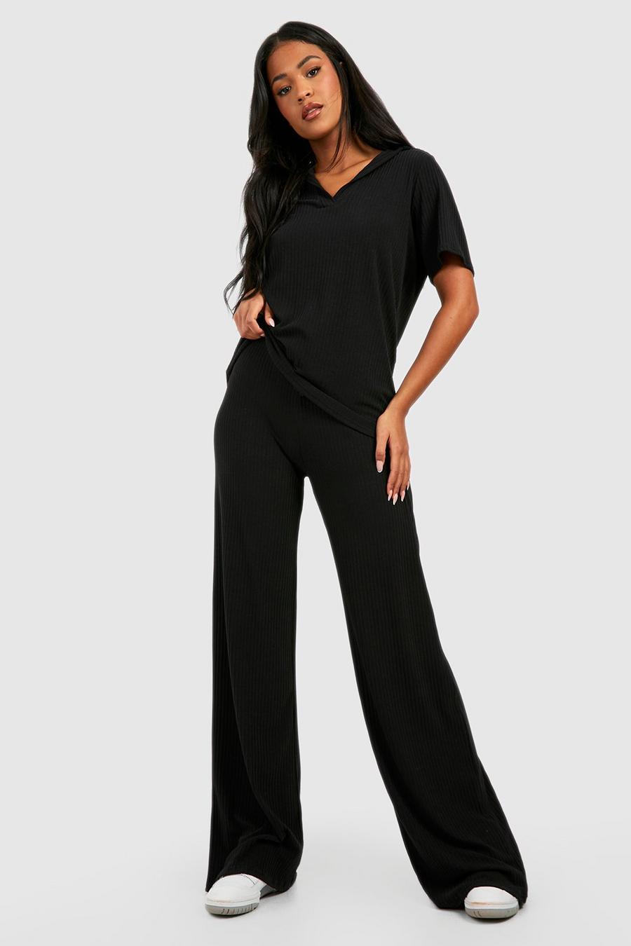 Tall Loungewear-Set aus weichem T-Shirt & Hose mit weitem Bein, Black image number 1