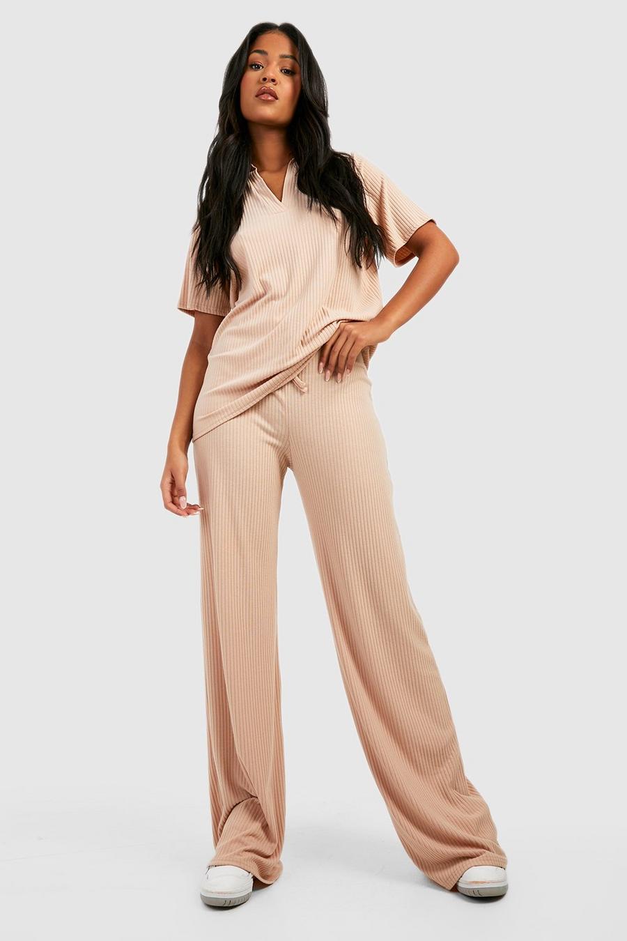 Stone Tall Soft Rib Collar Tee Wide Leg Trouser Lounge Set image number 1