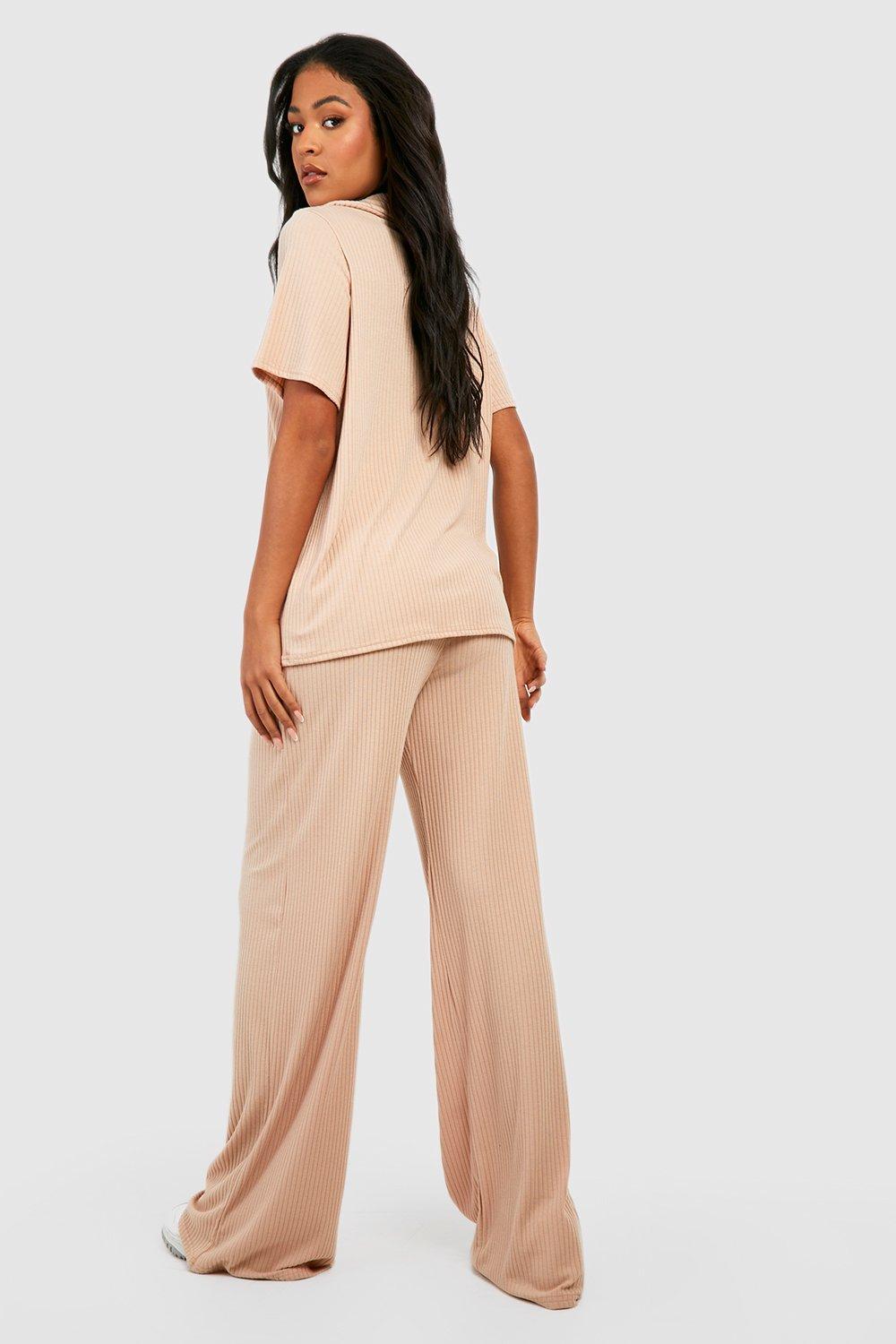 Tall Soft Rib Collar Tee Wide Leg Pants Lounge Set