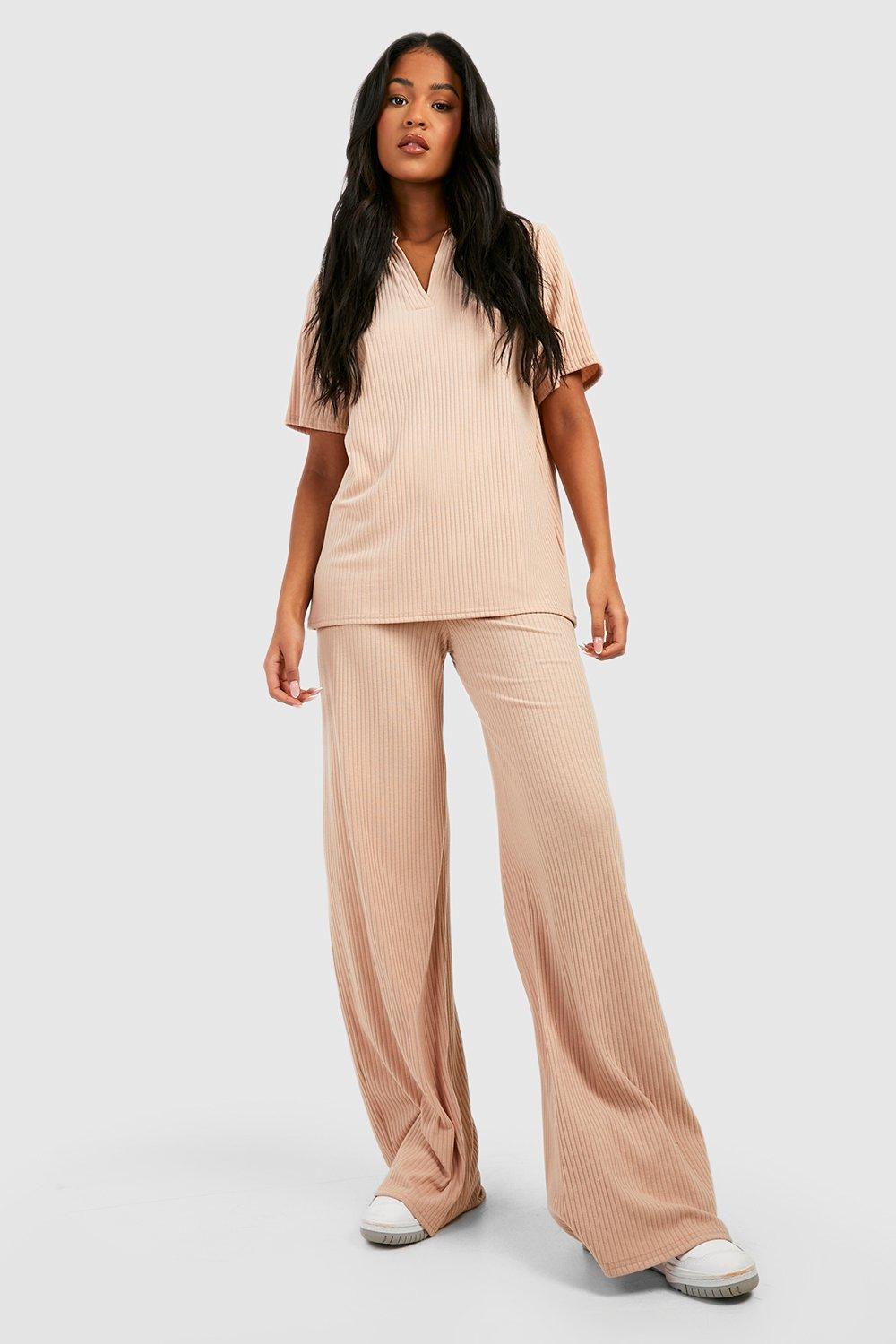 Tall Soft Rib Collar Tee Wide Leg Pants Lounge Set