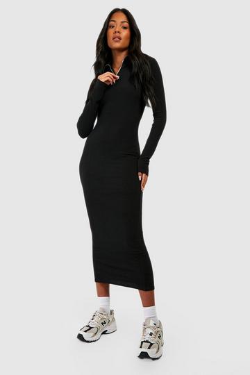 Tall Soft Rib Zip Longsleeve Midi Dress black