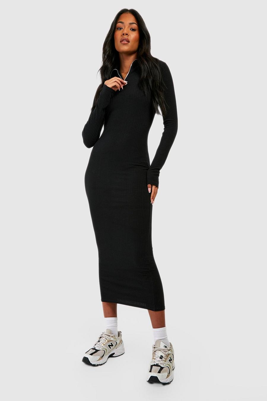 Black Tall Soft Rib Zip Longsleeve Midaxi Dress