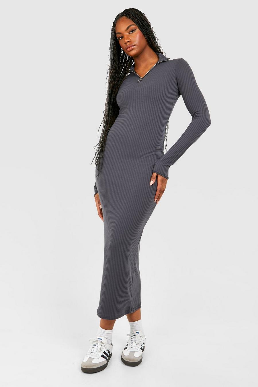 Charcoal Tall Soft Rib Zip Longsleeve Midi Dress image number 1