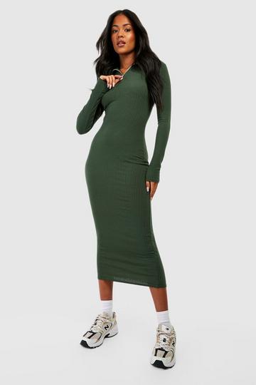 Tall Soft Rib Zip Longsleeve Midi Dress forest