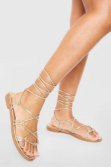 Gold Metallic Wide Width Caged Detail Tie Up Flat Sandals