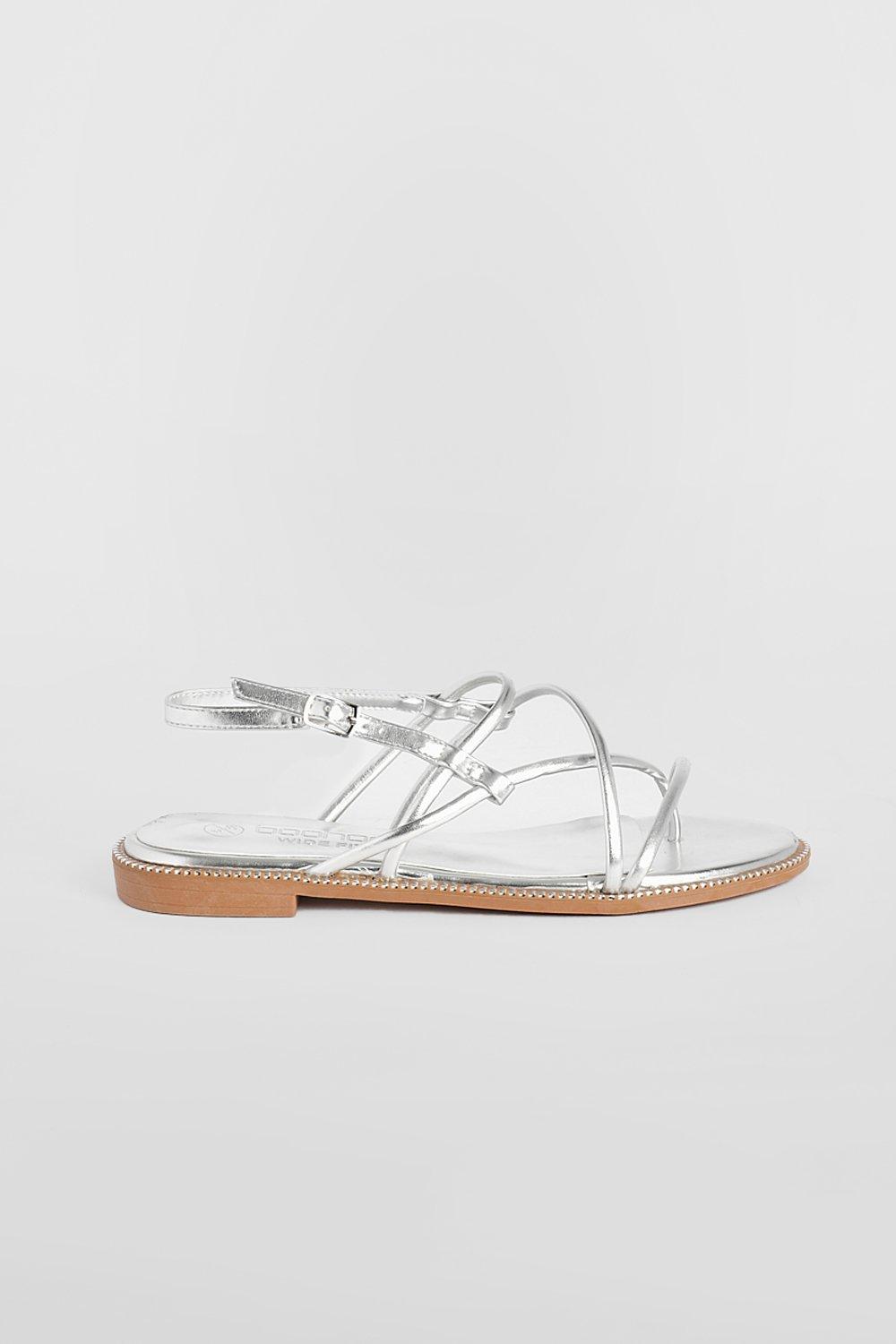 White and best sale silver flat sandals