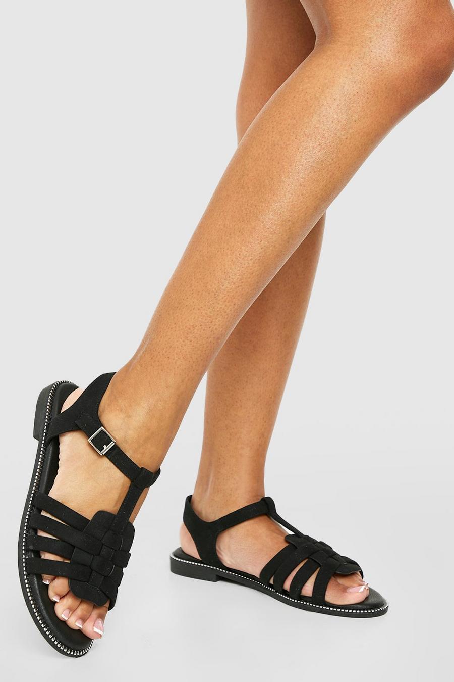 Black svart Gladiator Detail Flat Sandals 