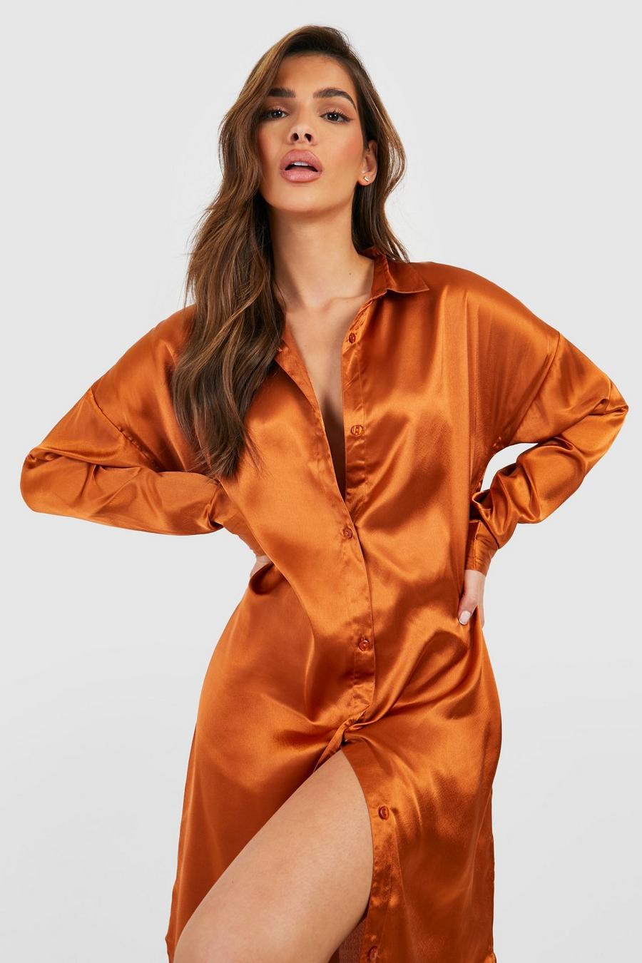 Rust orange Satin Midi Shirt Dress
