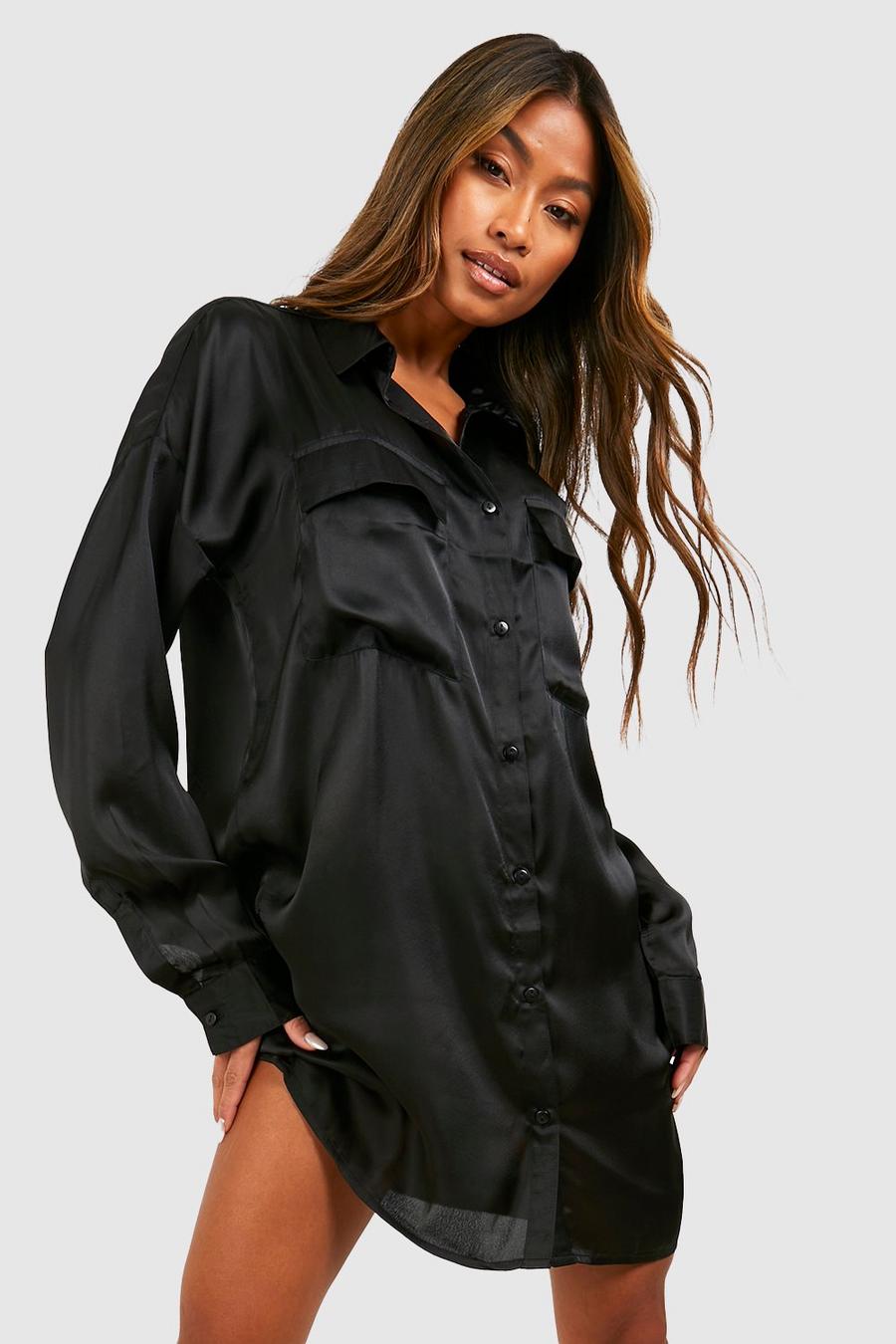 Black faux leather long sleeve tailored shirt dress