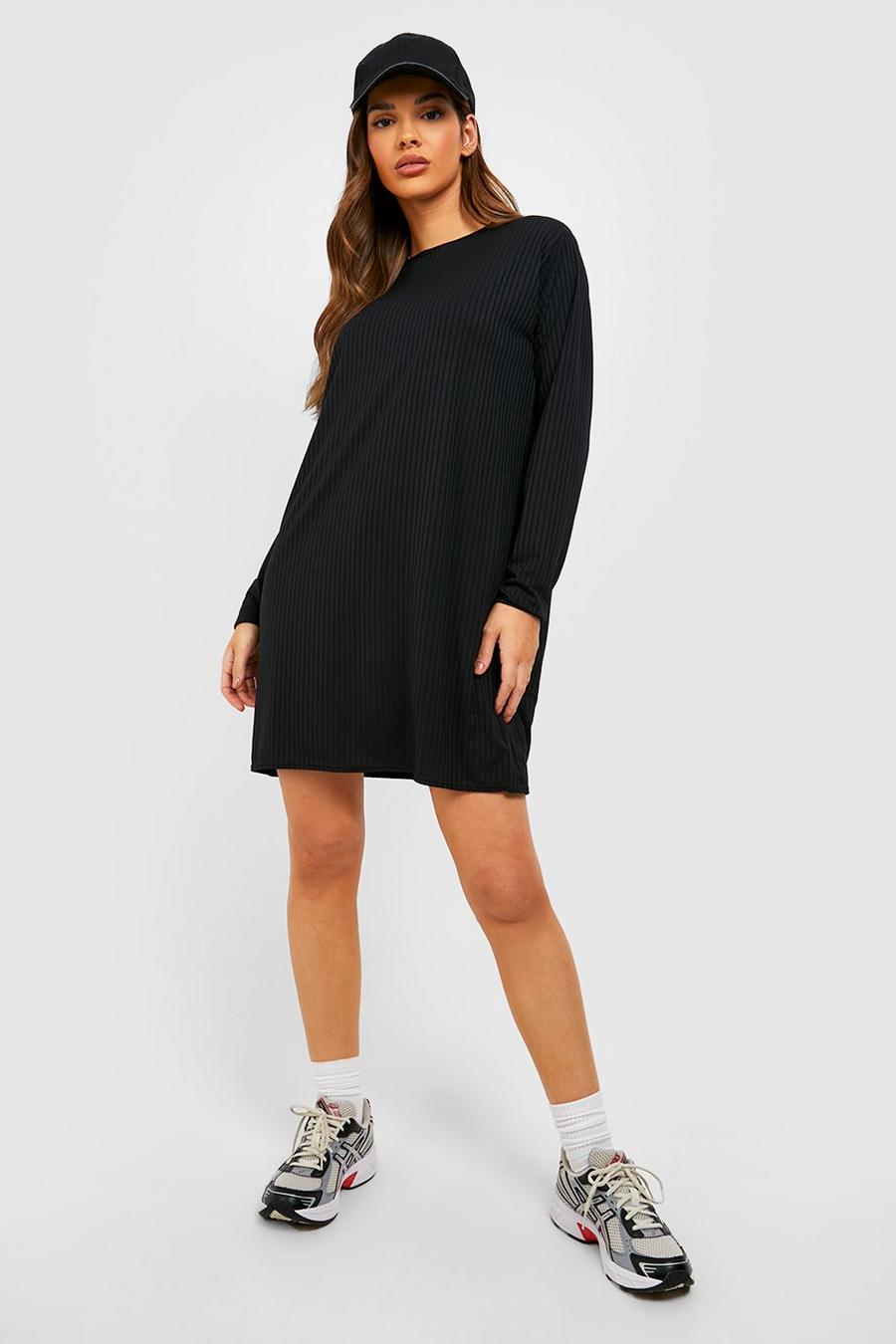 Black Rib Long Sleeve T-shirt Dress image number 1