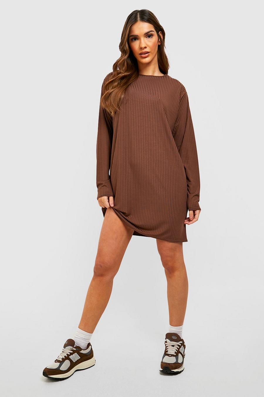 Rib Long Sleeve T-shirt Dress, Chocolate marrone